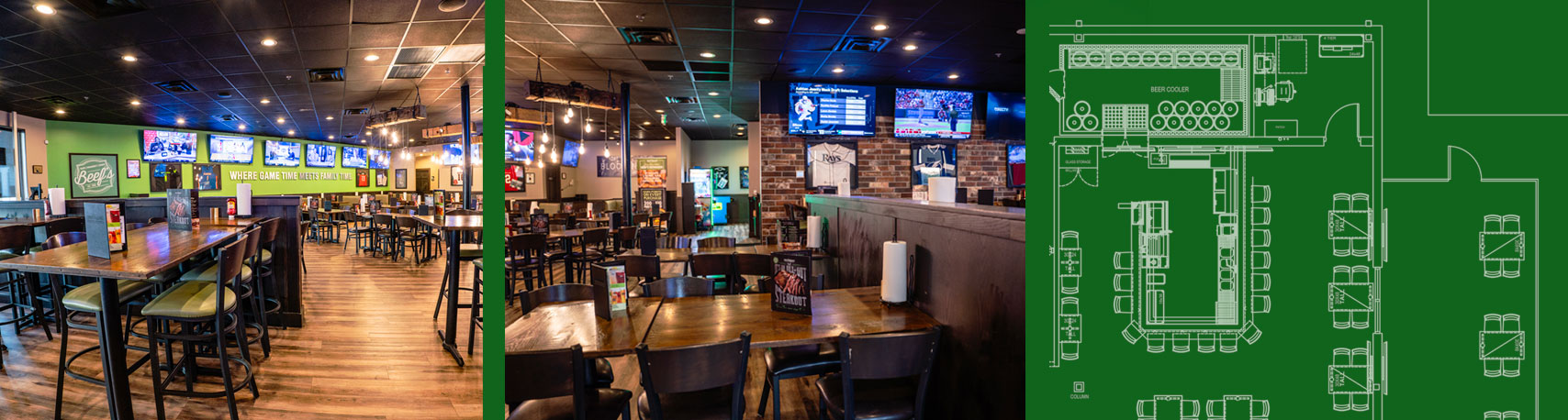 Images of Beef 'O' Brady's Family Sports Restaurant interiors and blueprints