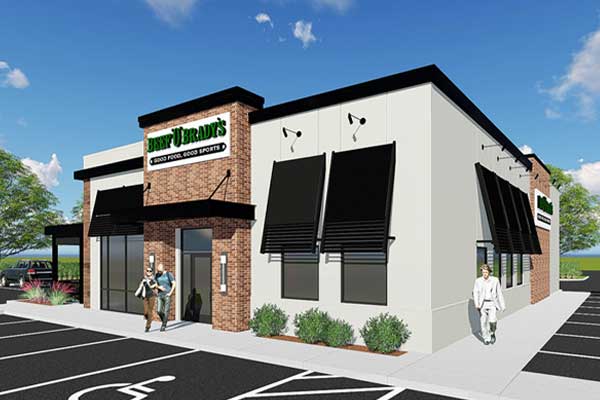 Artistic rendering of the exterior of a Beef 'O' Brady's Family Sports Restaurant